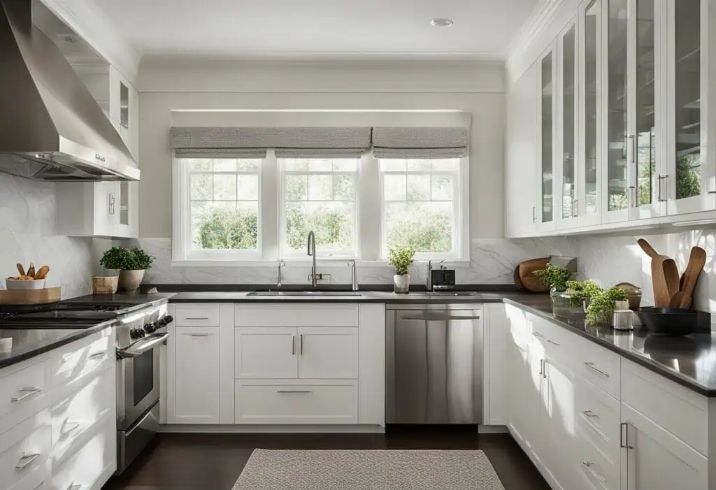Bright white kitchen with large windows, sleek cabinetry, and modern appliances for stylish home ren.
