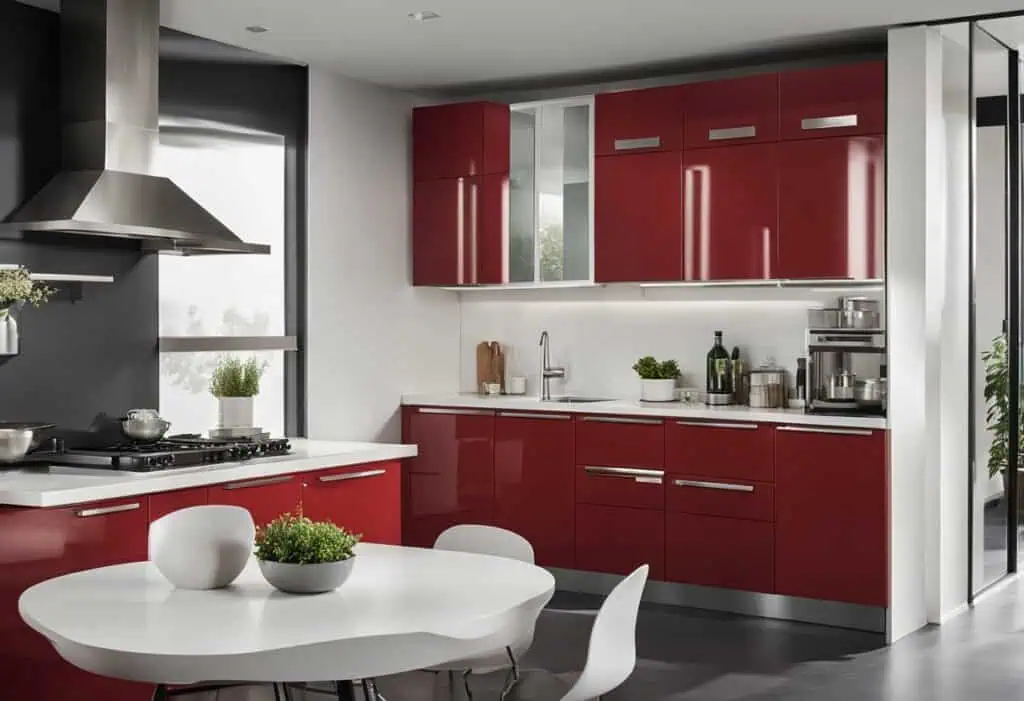Modern red and white kitchen with sleek cabinetry and contemporary appliances.