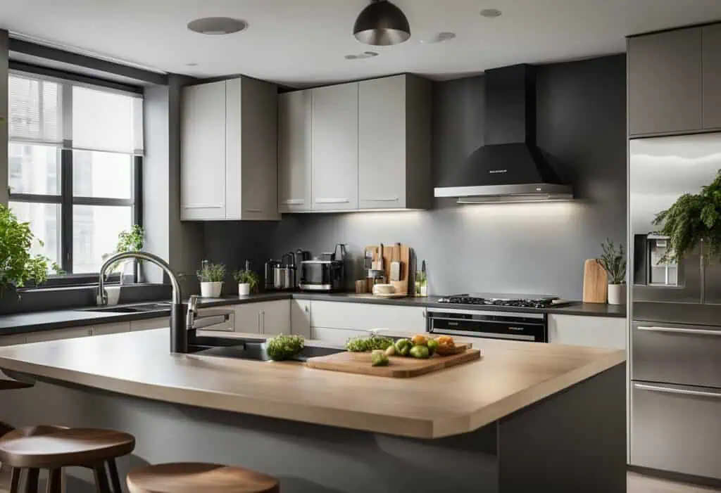 Contemporary kitchen with minimalist cabinets, stainless steel appliances, and natural light.