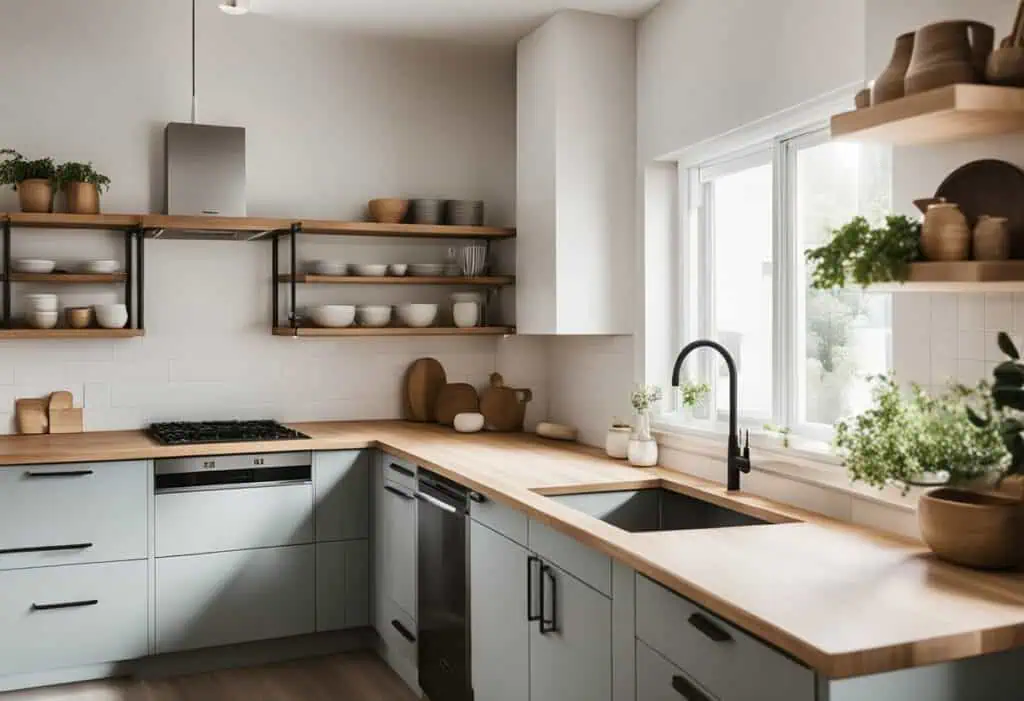 Bright Scandinavian-style kitchen with minimalist cabinetry, open shelving, and ample natural light.