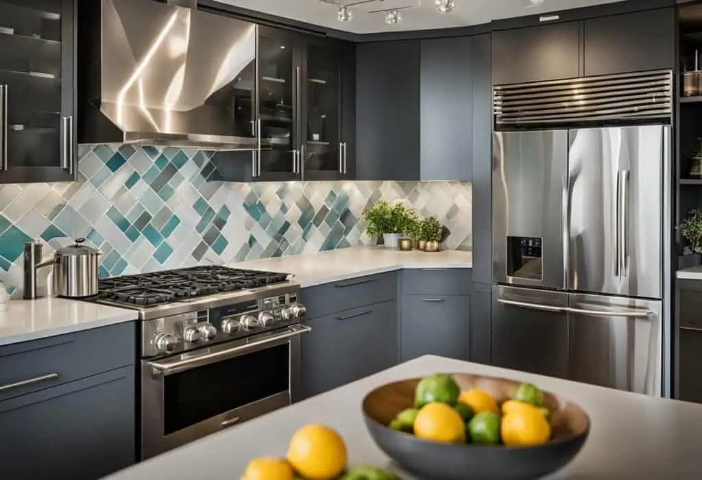 Contemporary kitchen featuring sleek blue cabinets, stainless steel refrigerator, and stylish backsp.