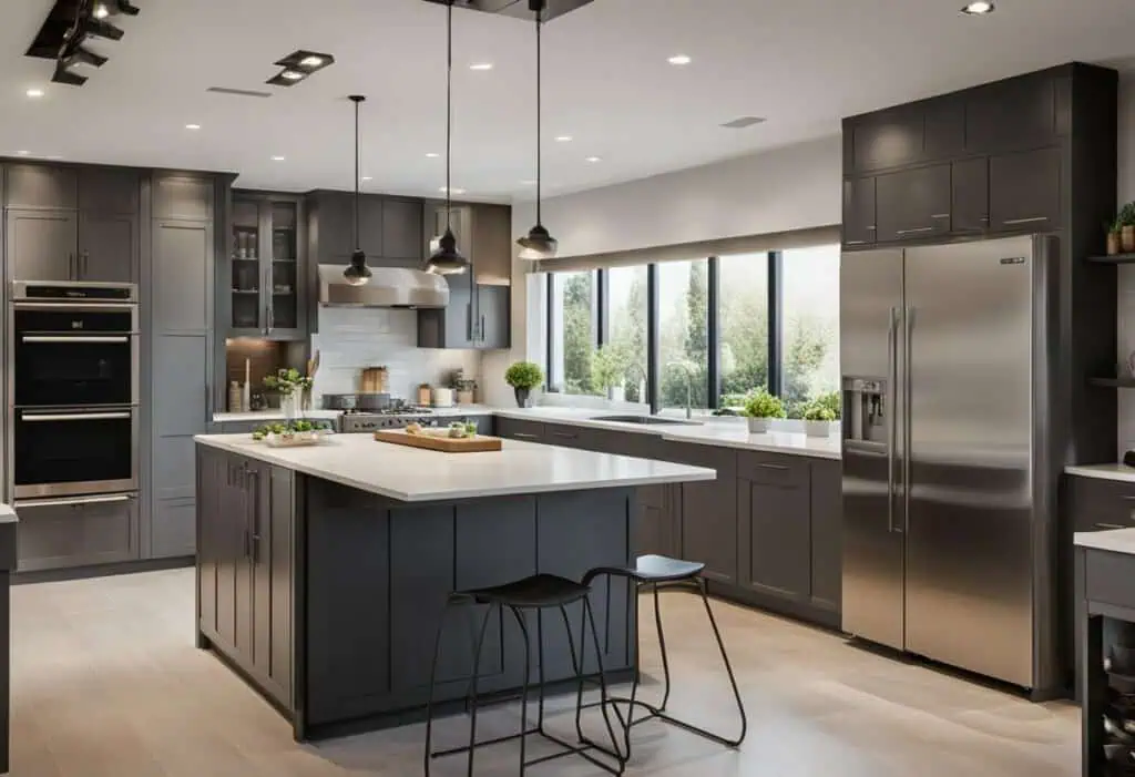 Elegant kitchen featuring dark cabinetry, a spacious island, and ample natural light from large wind.