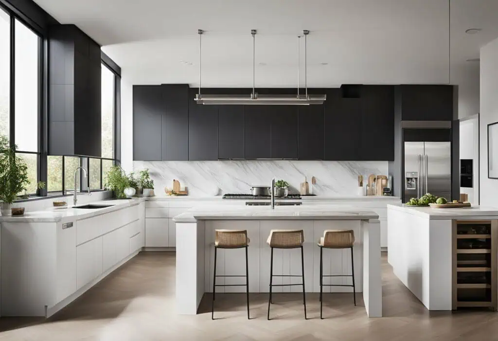 Stylish kitchen design featuring sleek black upper cabinets, white lower cabinets, and a spacious is.