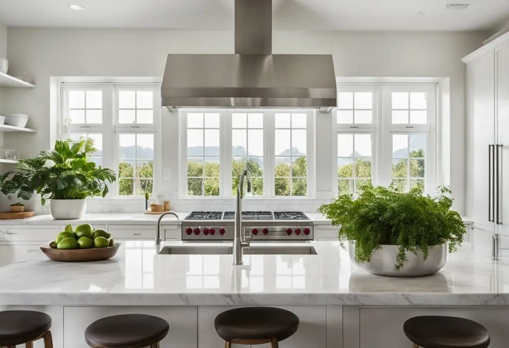 Bright, stylish kitchen interior with large windows and modern appliances. Perfect for contemporary.