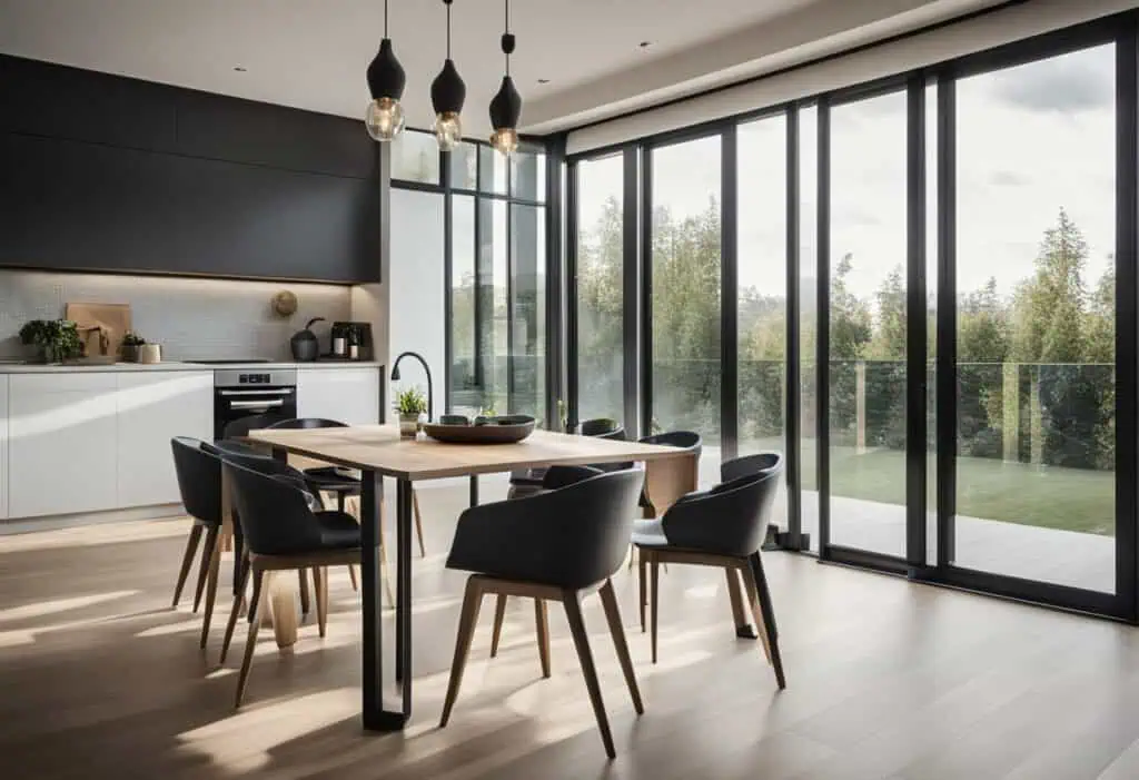 Elegant kitchen design featuring a stylish dining table and large glass windows for a bright, open h.