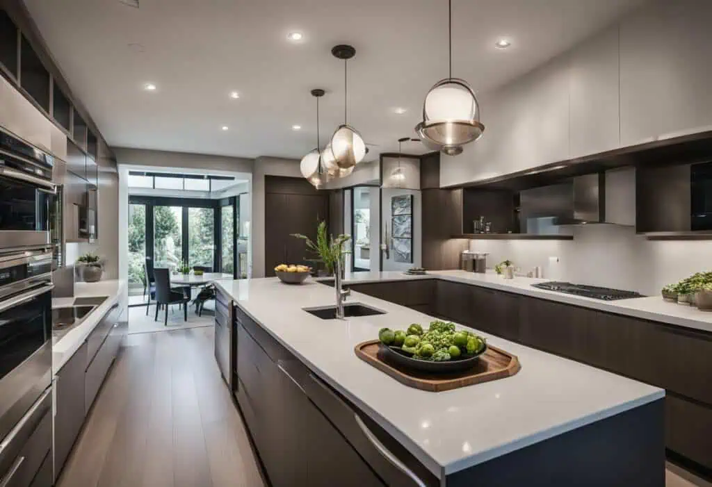 Stylish kitchen with island layout, sleek cabinetry, and contemporary pendant lights for a functiona.
