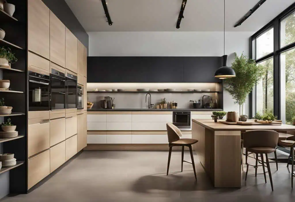 Sleek kitchen with ample pantry storage, modern cabinetry, and natural lighting for efficient space.