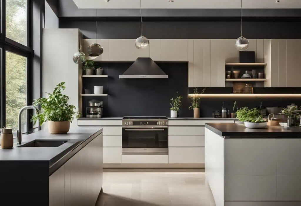 Contemporary kitchen design with open shelves, sleek cabinetry, and modern appliances.