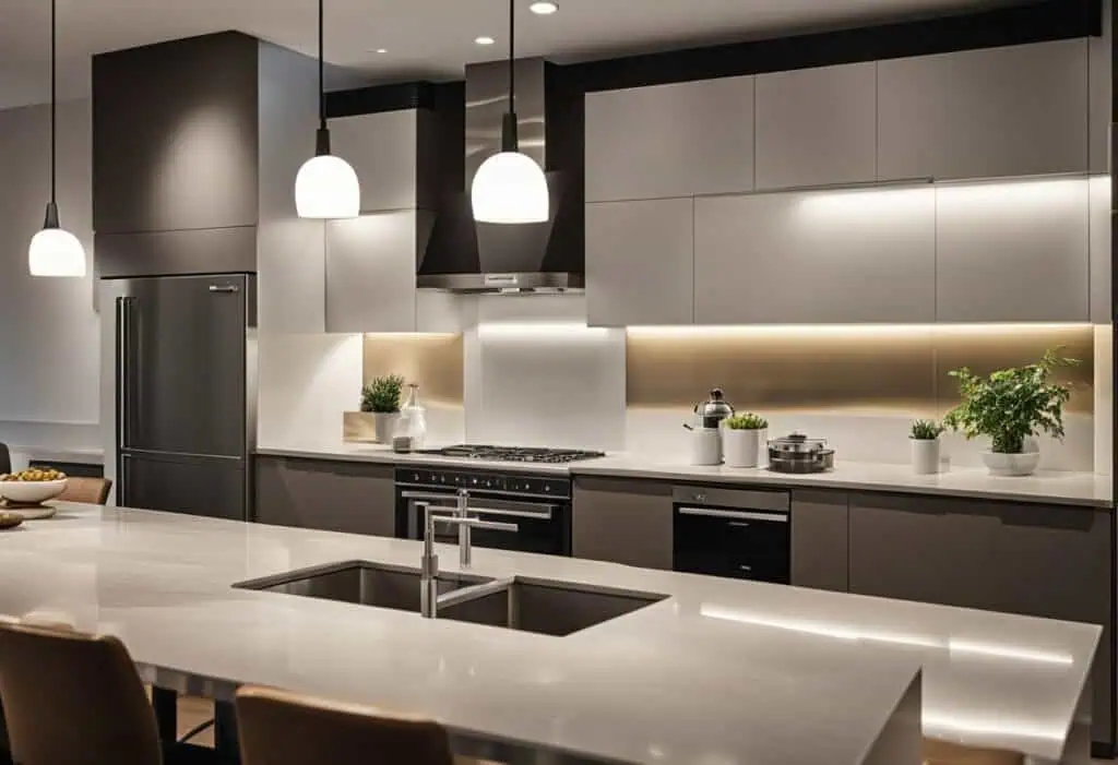 Elegant kitchen lighting design with pendant lights illuminating a sleek, modern kitchen. Perfect fo.