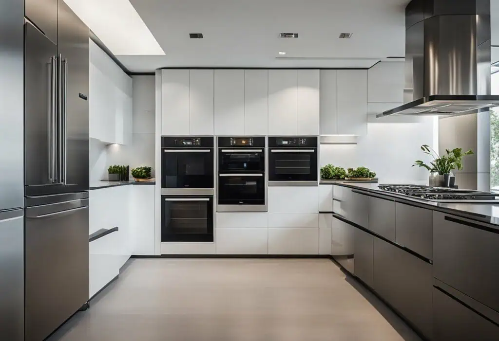 Sleek kitchen design featuring built-in wall ovens and minimalist cabinetry.