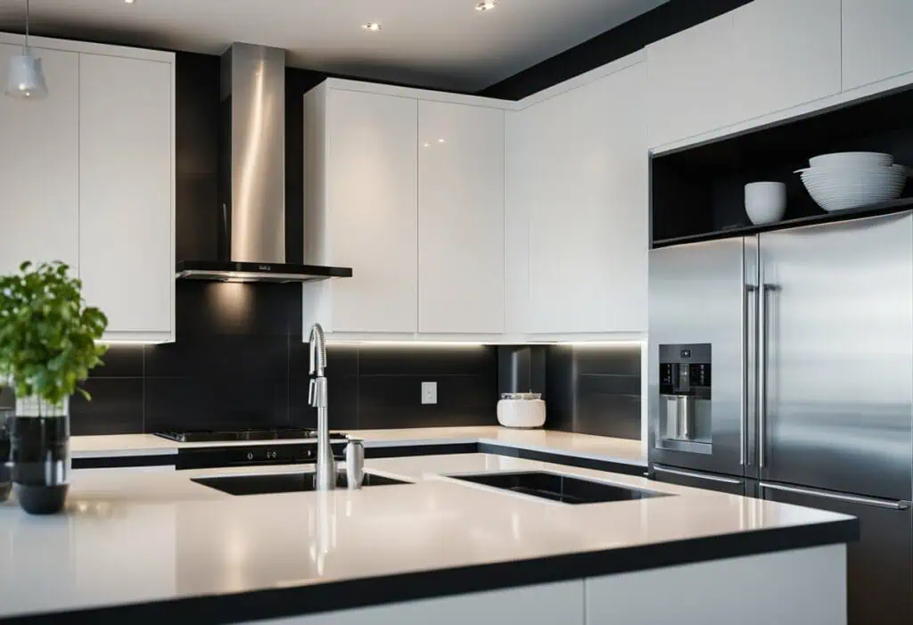 Sleek modern kitchen with white cabinets and black countertops, featuring stainless steel appliances.
