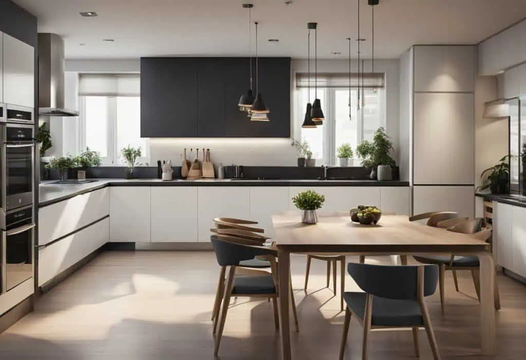 Contemporary kitchen and dining area with sleek design and ample natural light.
