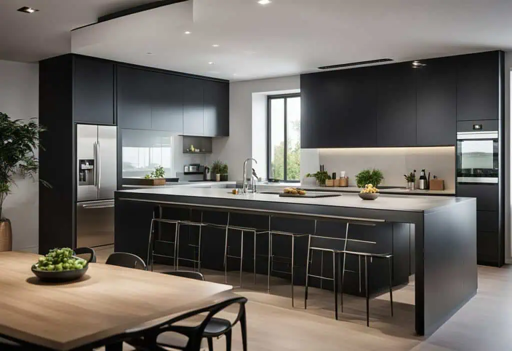 Sleek black kitchen divider creating a modern, functional space in contemporary kitchen design.