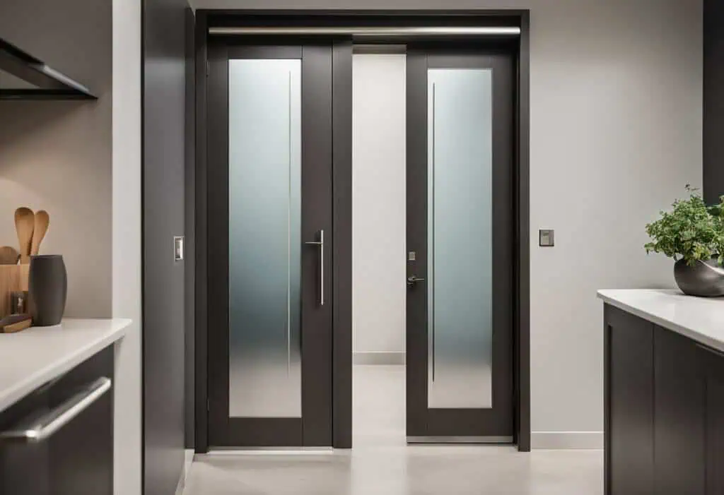 Stylish black kitchen door with frosted glass for a sleek, modern look.