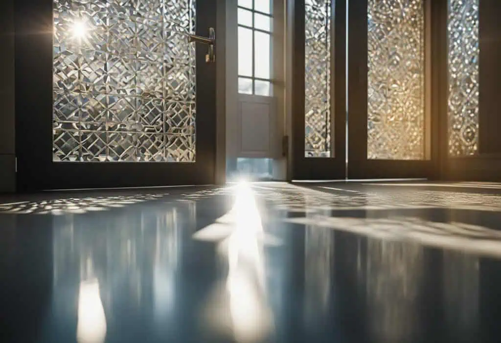 Beautiful modern kitchen door glass design with sunlight creating patterns on the floor.