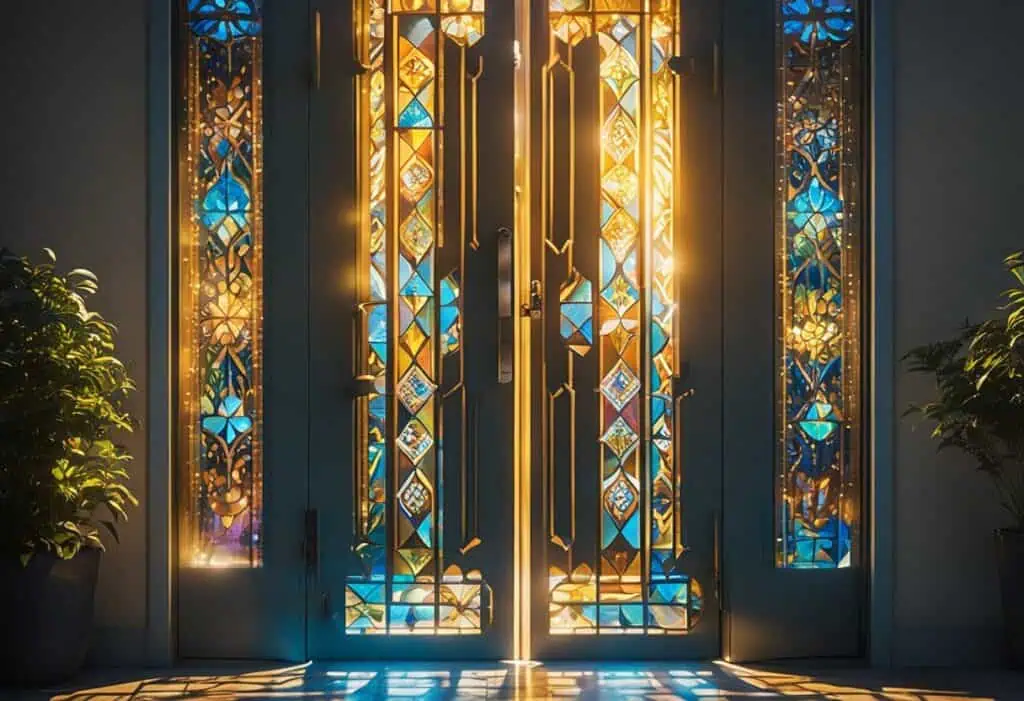 Stained glass kitchen door design featuring intricate patterns and colorful glass panels.