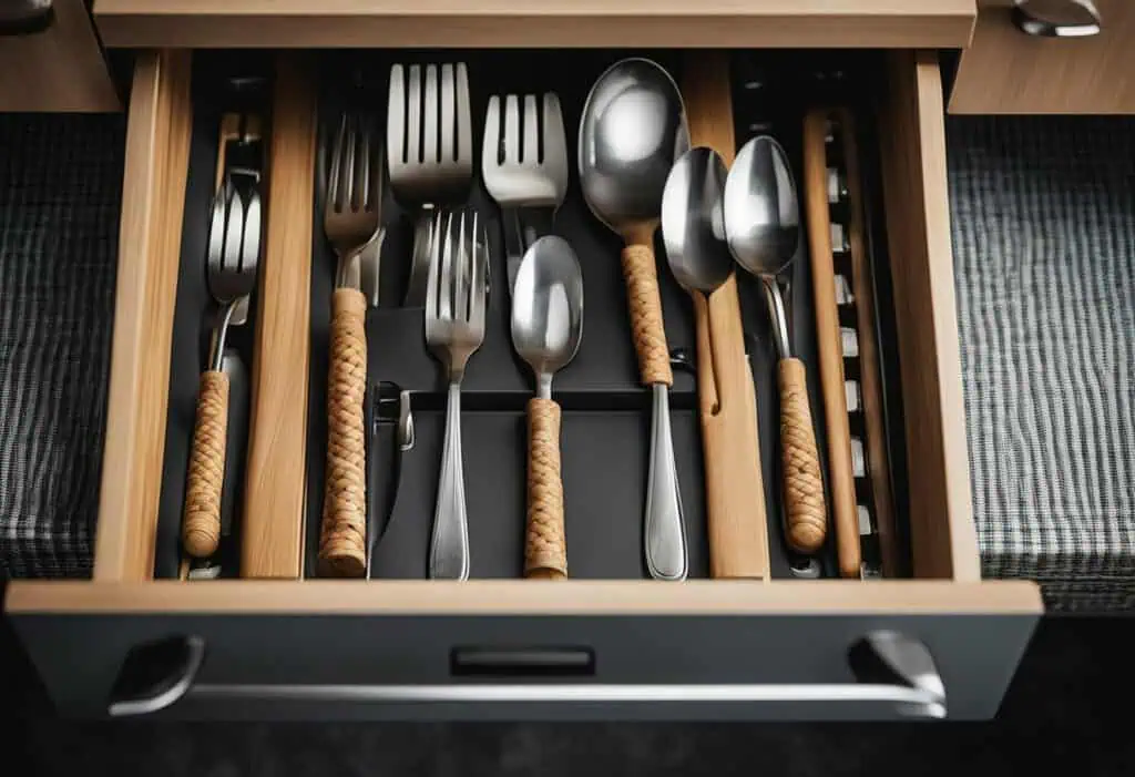 Efficient kitchen drawer basket with stainless steel cutlery and woven handles for organized storage.