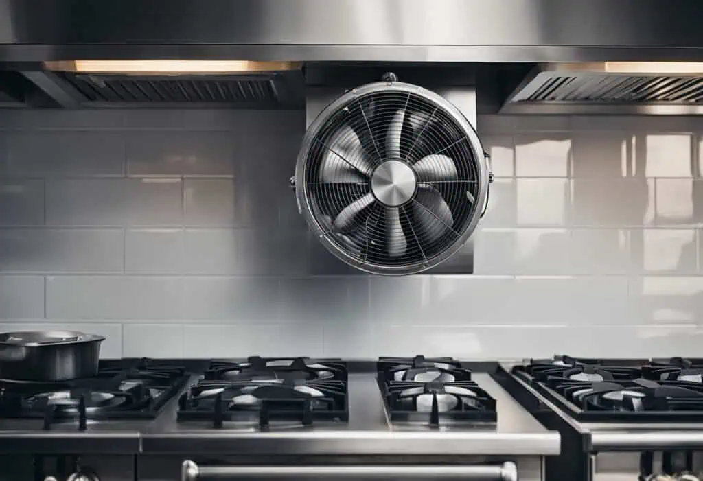 Exhaust fan installed above a commercial kitchen stove for efficient ventilation and safety.