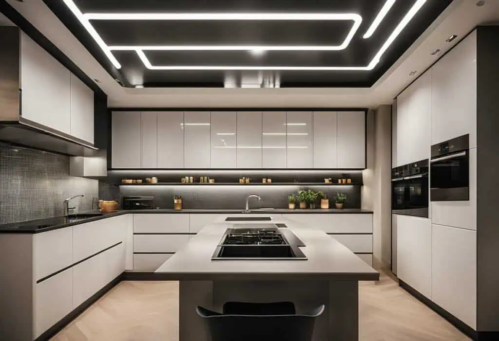Contemporary kitchen with sleek false ceiling and modern lighting accents.