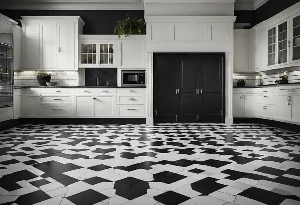Stylish black and white geometric kitchen floor tiles for a contemporary look.