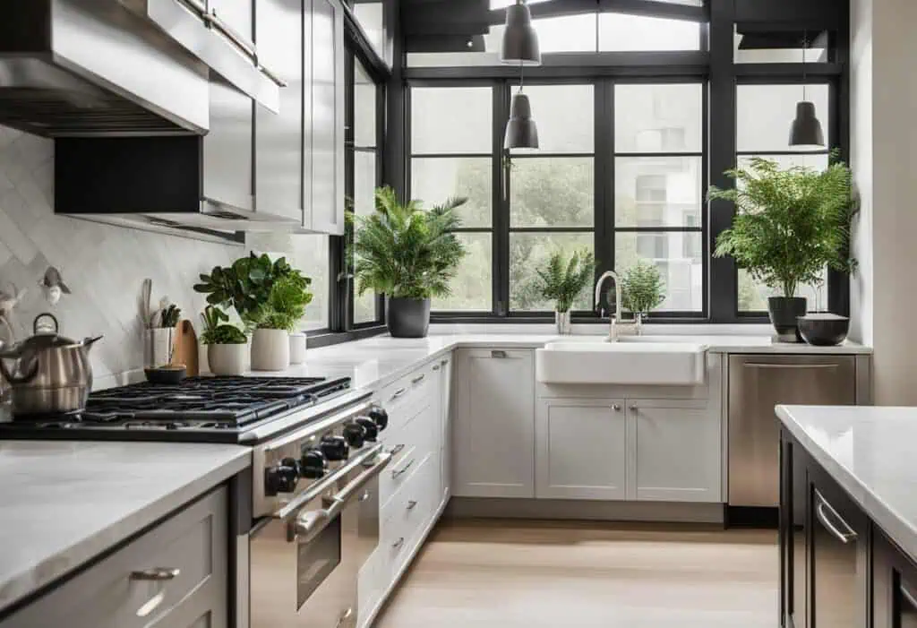 Bright kitchen front design with large windows, plants, and sleek white cabinetry.