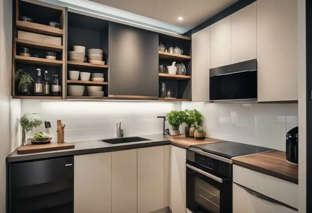 Efficient small kitchen design featuring minimalist cabinetry, open shelves, and smart storage solut.