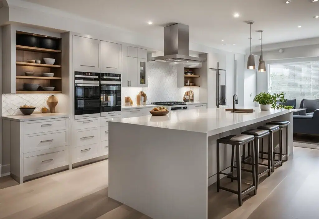 Bright and spacious kitchen featuring a sleek island, contemporary cabinetry, and stylish bar stools.