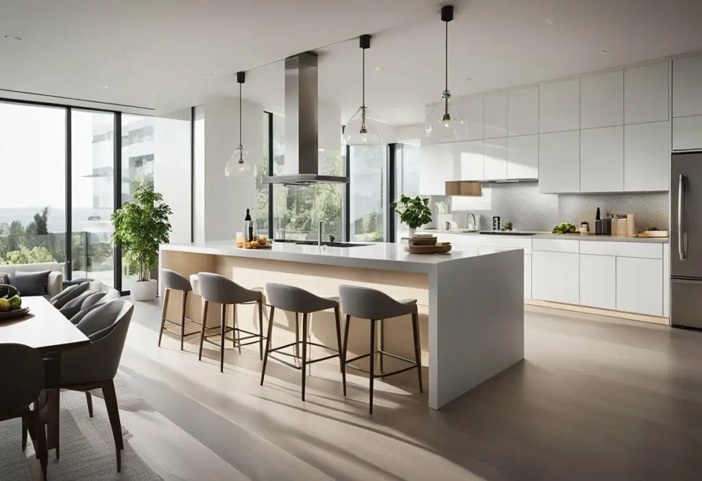 Contemporary white kitchen with island and bar stools, bright and spacious design.