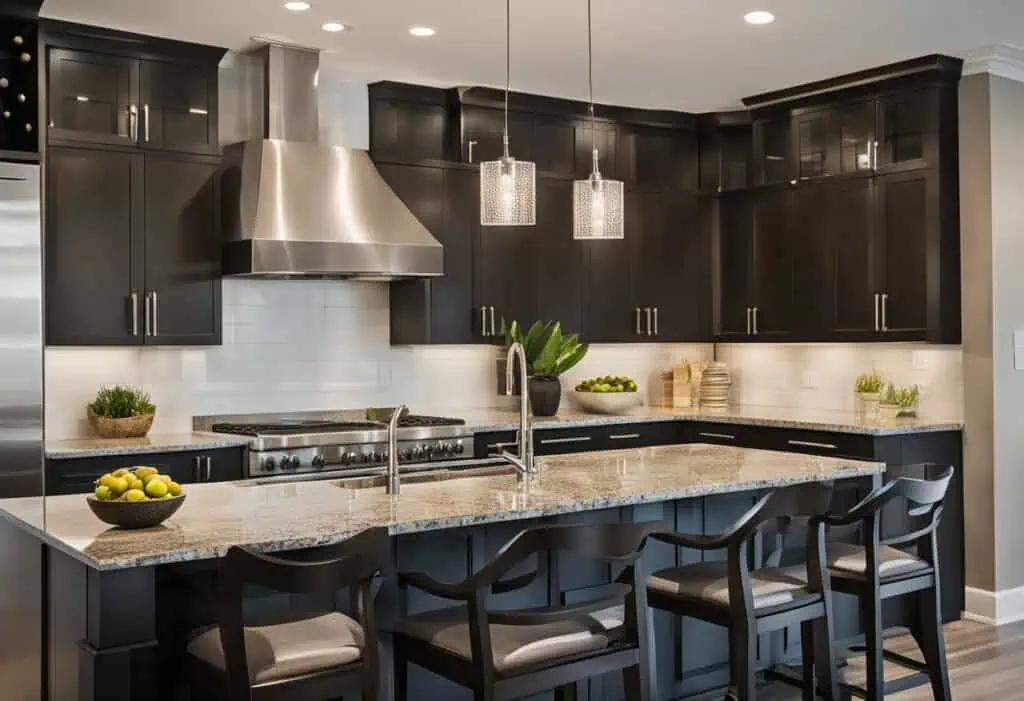 Elegant dark granite countertops in a modern kitchen with sleek cabinetry and stylish lighting.