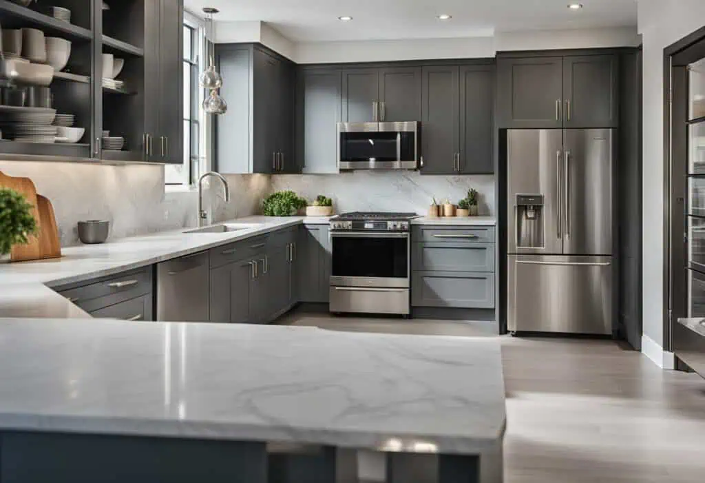 Modern grey kitchen with sleek cabinetry, stainless steel appliances, and minimalist style.