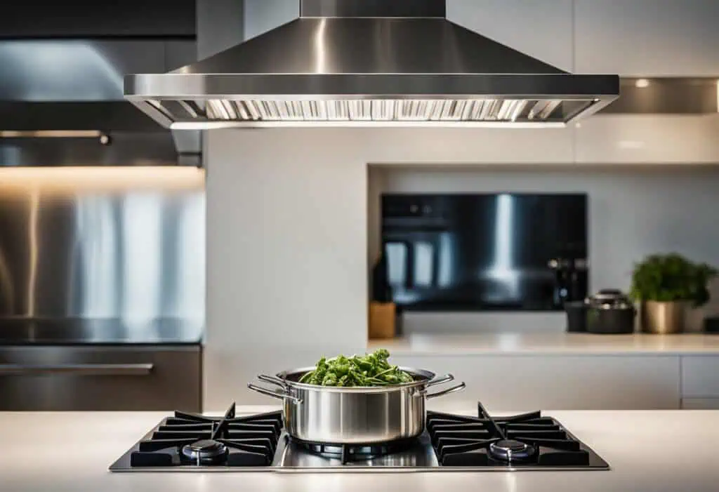 Sleek stainless steel kitchen hood over stove with pot and greens, modern kitchen design.
