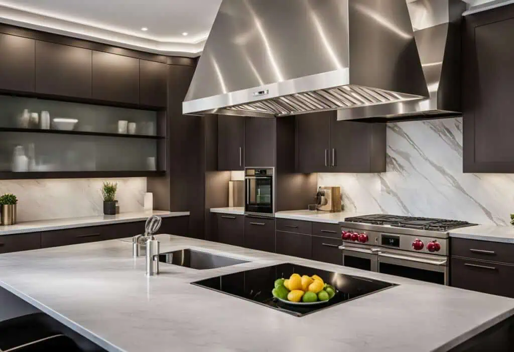 Elegant stainless steel kitchen hood with sleek cabinetry and marble backsplash for contemporary coo.