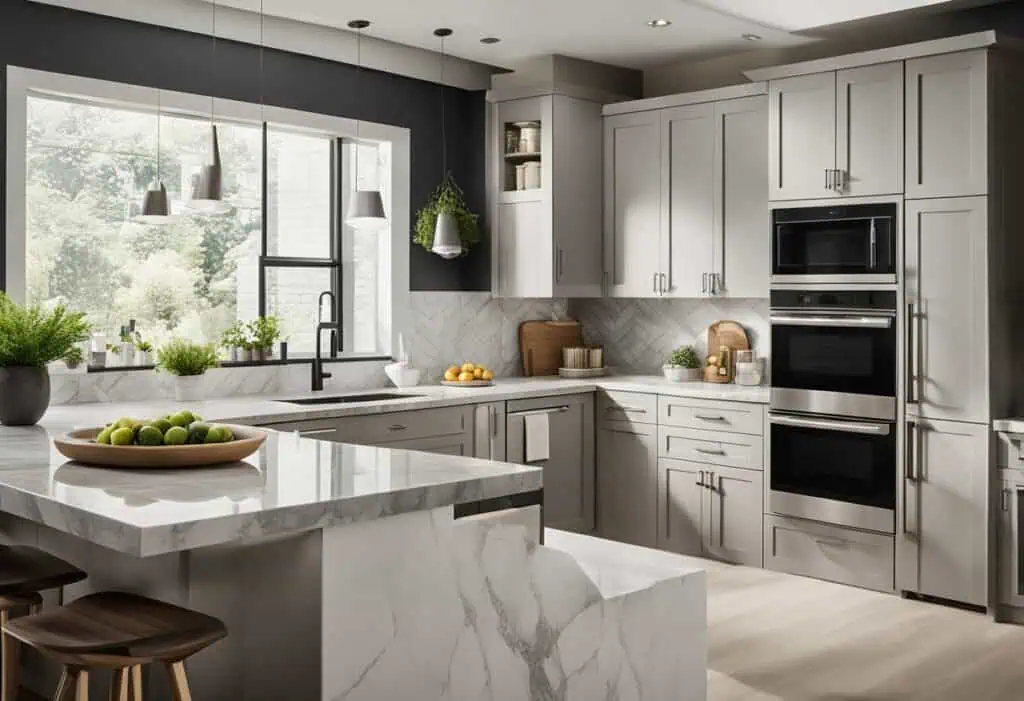 Elegant kitchen design featuring gray cabinetry, marble countertops, and large windows for natural l.