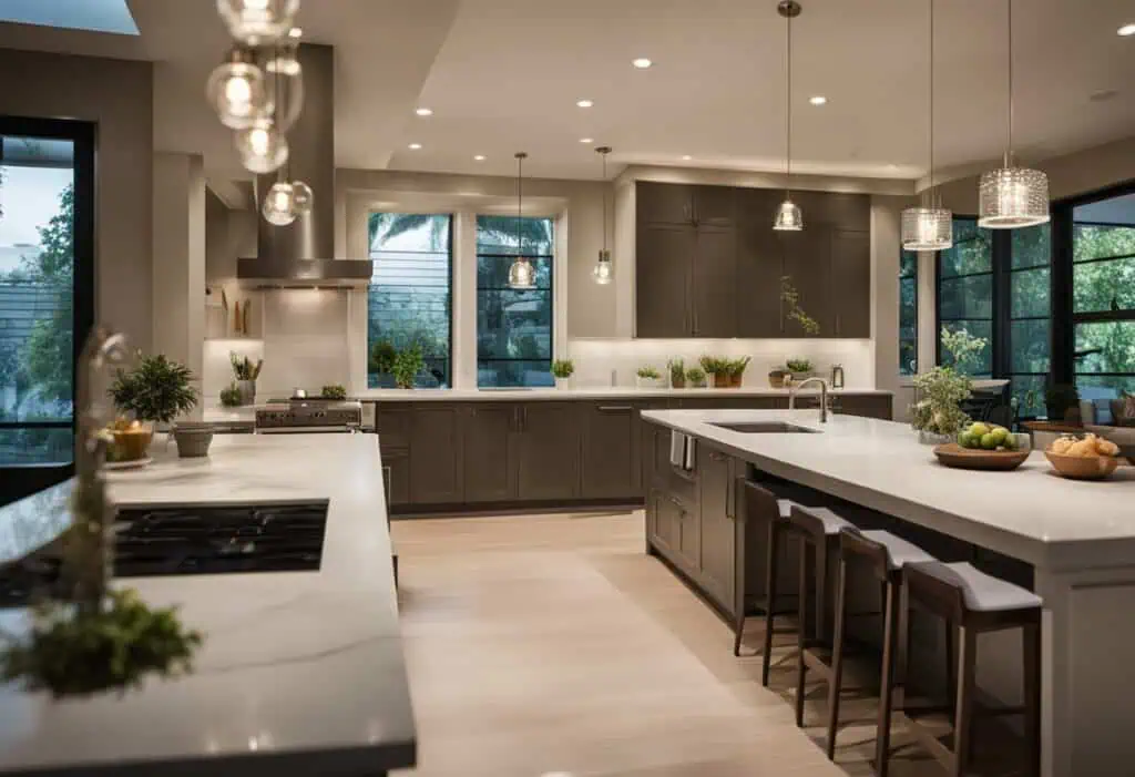 Elegant kitchen lighting setup featuring pendant lights and under-cabinet LEDs.