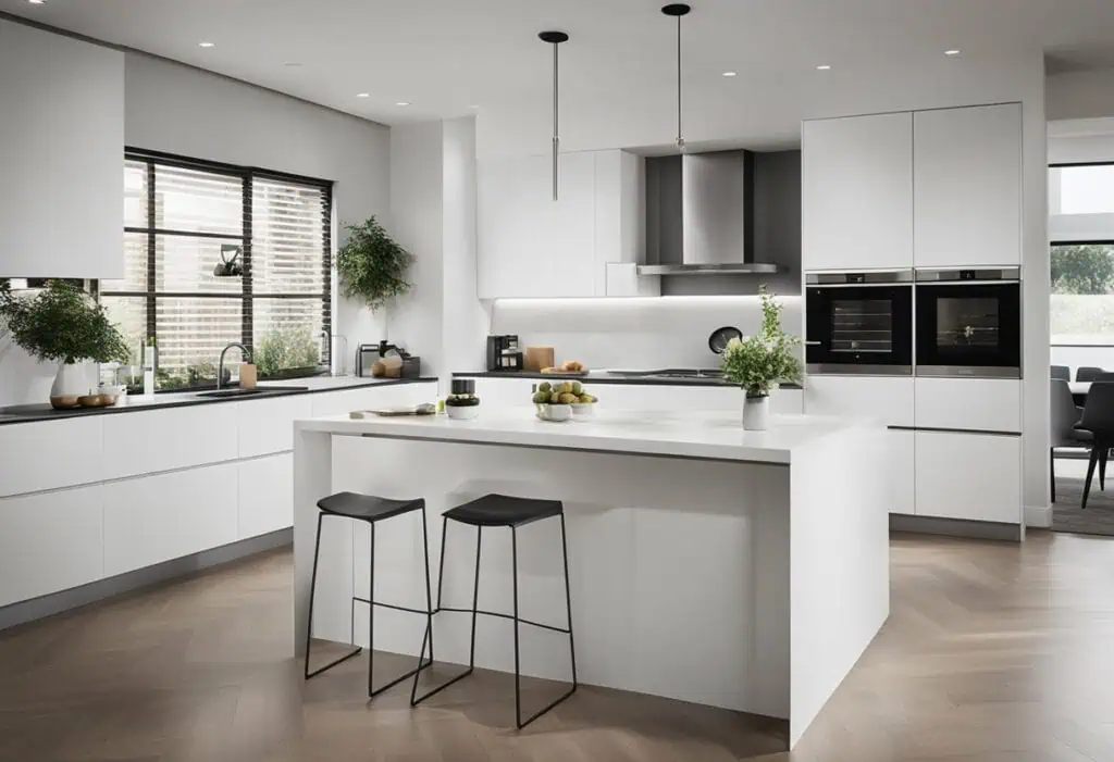 Sleek white kitchen with minimalist style, island, and natural light.