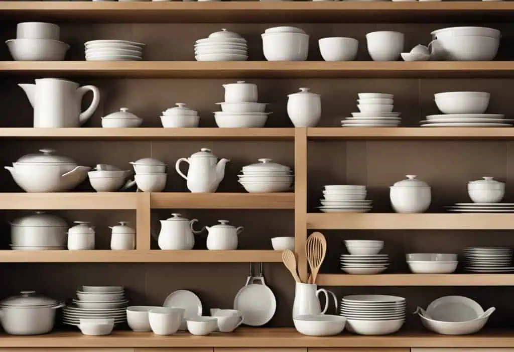Open kitchen shelves displaying white bowls, plates, and teapots for stylish storage.