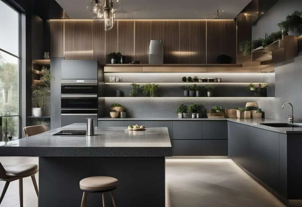 Elegant granite kitchen countertop with sleek cabinetry and ambient lighting for a contemporary cook.