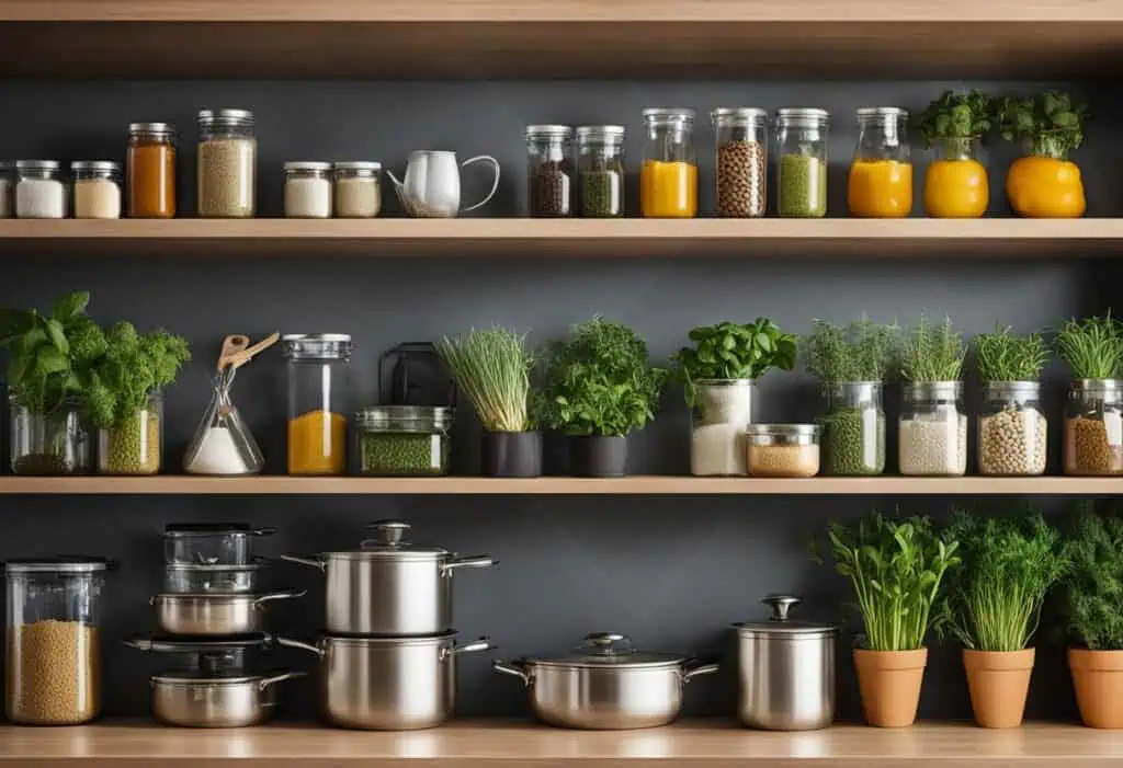 Efficient kitchen racks and shelves for stylish storage of jars, cookware, and herbs, enhancing orga.