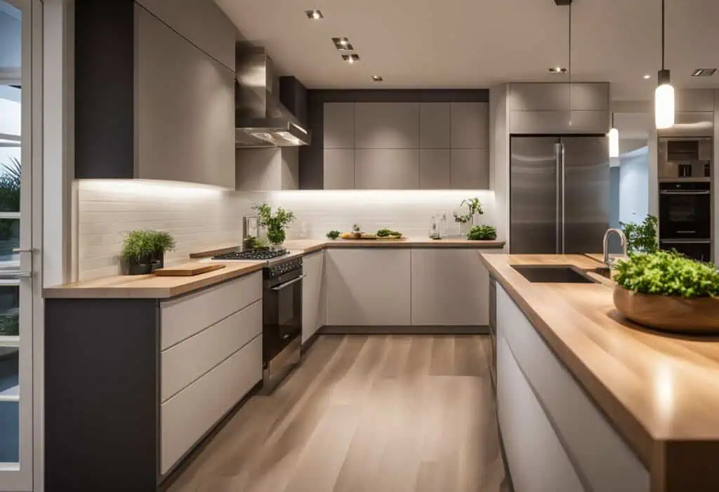 Recessed lighting enhances modern kitchen ambiance and functionality. Perfect for illuminating cooki.