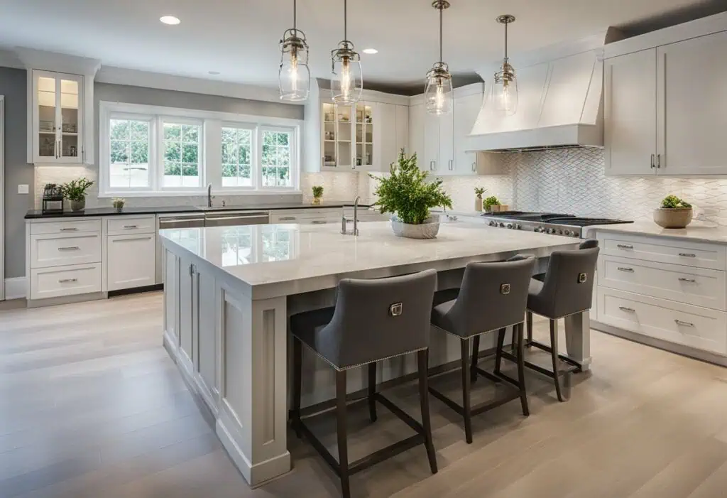 Bright white kitchen featuring a spacious island, sleek cabinetry, and stylish pendant lights for a.