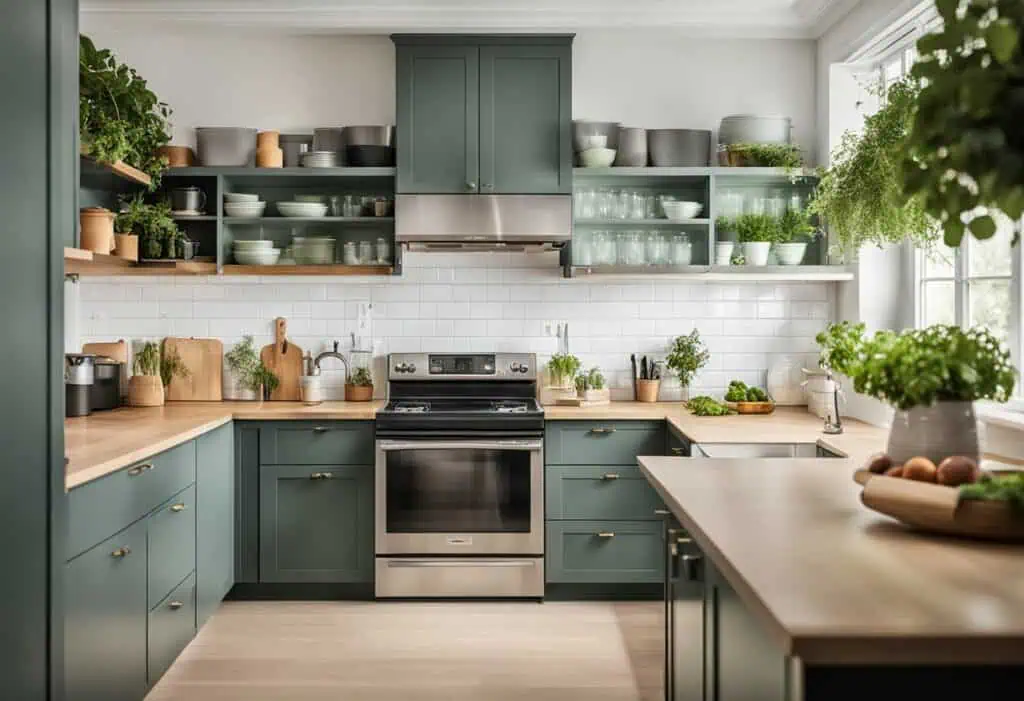 Teal kitchen cabinets with open shelves, stainless steel stove, and fresh greenery.
