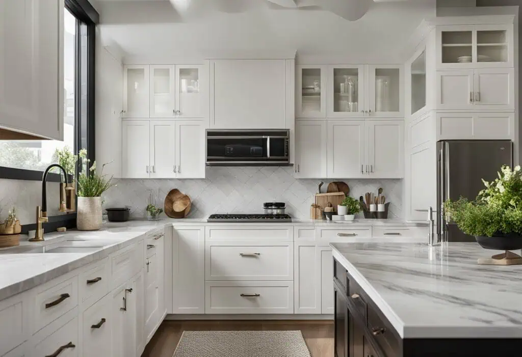 Bright white kitchen with marble countertops, sleek cabinetry, and large windows enhancing natural i.