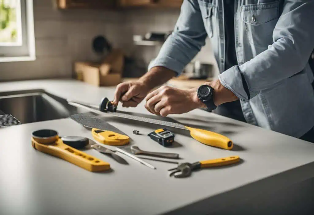 Skilled kitchen renovation specialist preparing tools for a remodeling project.