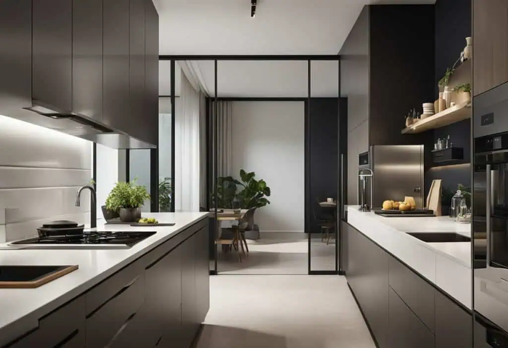 Modern kitchen sliding door with sleek black frame and glass panels.