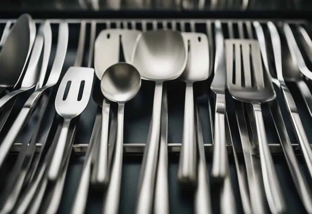 Stainless steel kitchen utensils organized on a sleek, modern storage rack for efficient kitchen org.
