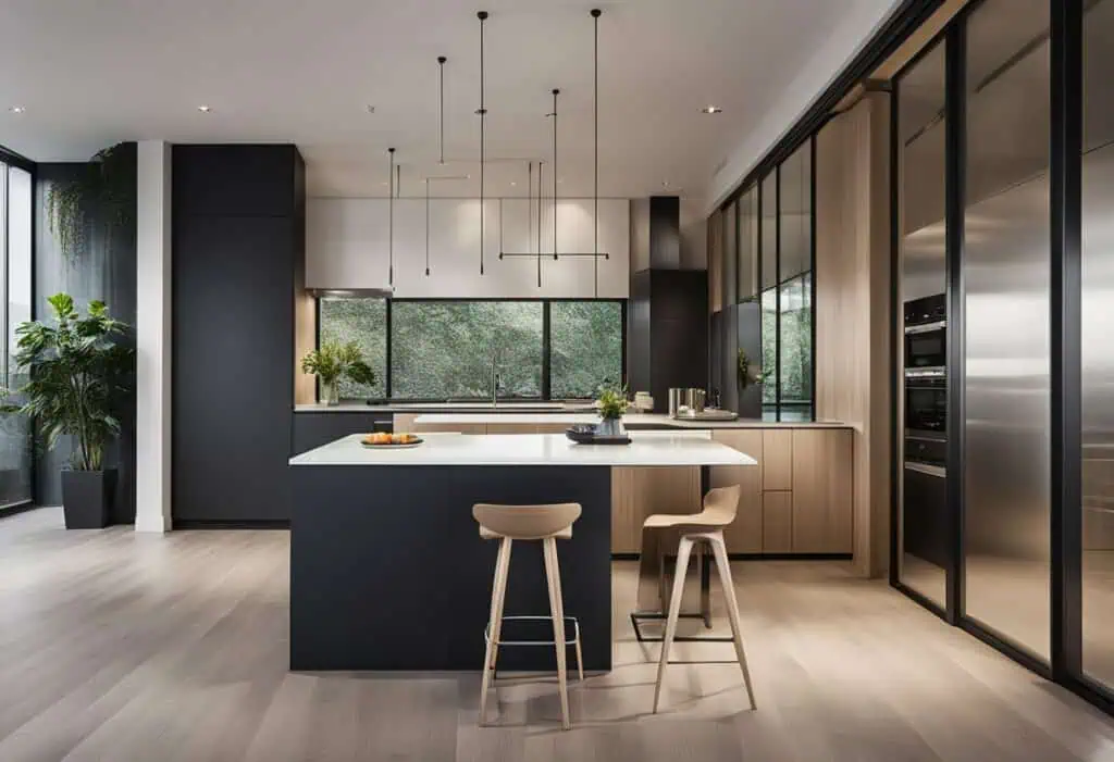 Contemporary kitchen partition with sleek black and wood finishes, creating a functional and stylish.