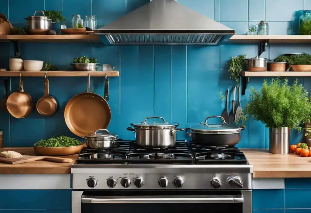 Blue kitchen stove with stainless steel pots and pans, surrounded by wooden shelves with herbs and u.