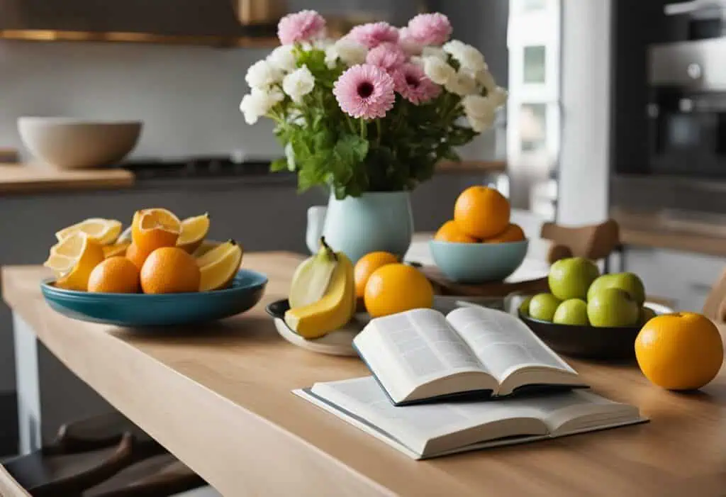 Beautiful kitchen table decorated with fresh fruit and a vibrant flower arrangement.