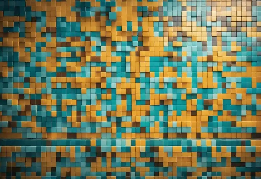 Colorful kitchen tile backsplash with blue and yellow mosaic design.