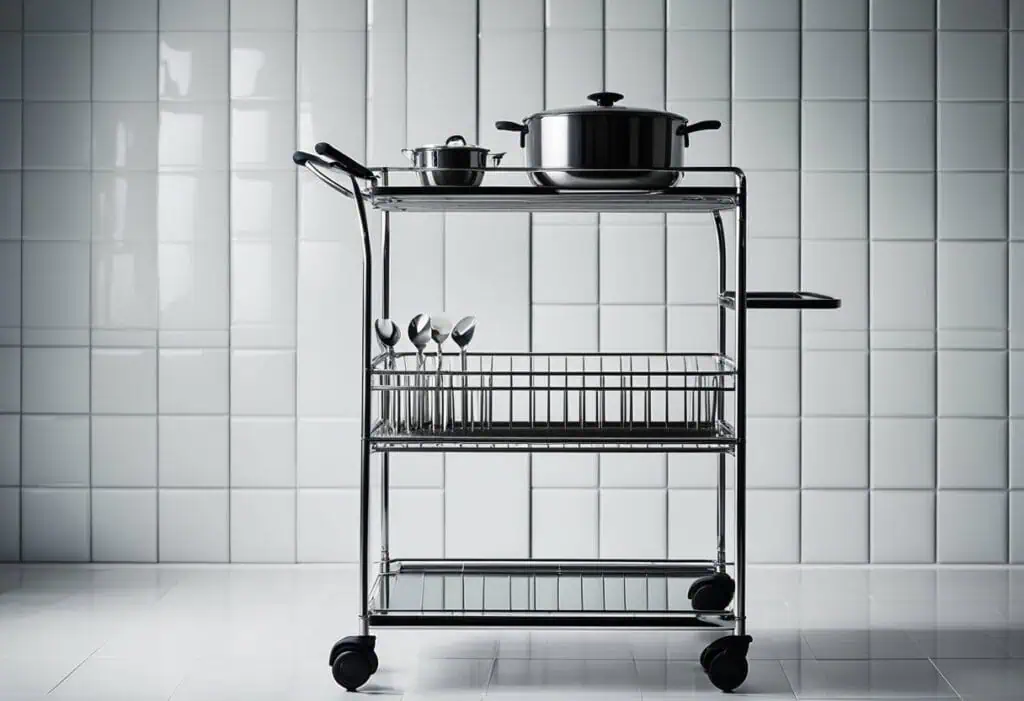 Portable kitchen trolley with cookware and utensils for efficient space use.